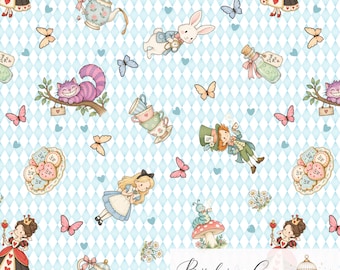 May include: A seamless digital pattern featuring Alice in Wonderland characters, including a white rabbit, a smiling purple cat, a tea set, butterflies, and hearts on a light blue diamond background with the text Bird in a Cage Digital.