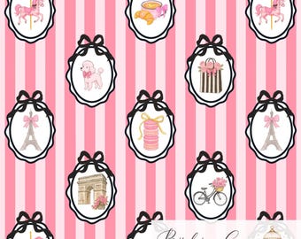 May include: A seamless pattern featuring vertical pink and white stripes with repeating oval frames topped with black bows. Inside the frames are illustrations of a carousel horse, a poodle, the Eiffel Tower, macarons, a bicycle, and the Arc de Triomphe.