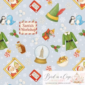 May include: A seamless digital pattern on a light blue background featuring Christmas-themed illustrations including Santa's Workshop sign, a snow globe with a skyscraper, an elf hat, a jack-in-the-box, a bottle labeled Buddy's Secret Ingredient, and snowflakes.