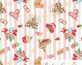 Christmas Park Snacks Seamless Pattern, Magical Holiday Treats Digital Paper, Pink Green Theme Park Christmas Fabric Pattern