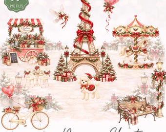 May include: A digital collection of 30 PNG files featuring a Parisian Christmas theme. Elements include an Eiffel Tower decorated with red ribbons, a carousel, a flower cart, a bicycle, a bench, a white dog, and a heart-shaped balloon.