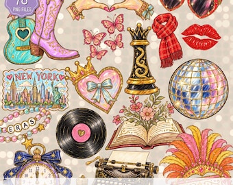 May include: A collection of digital illustrations featuring a pink cowboy boot, a teal guitar, heart-shaped sunglasses, red lips, a red scarf, a disco ball, a vinyl record, a typewriter, a clock, a crown, a book with flowers, and a New York skyline.