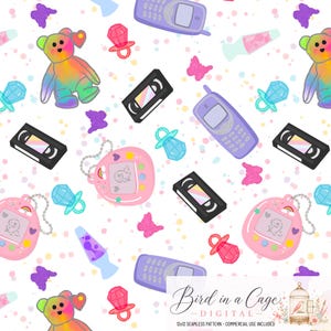 May include: A seamless pattern featuring 1990s nostalgia icons including tie-dye teddy bears, purple mobile phones, black VHS tapes, pink digital pet keychains, ring pops, lava lamps, and butterflies on a white background with colorful dots.