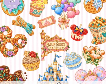 May include: A collection of sixteen digital illustrations featuring theme park snacks and icons, including Mickey-shaped waffles, pretzels, cupcakes, popcorn, balloons, a Main Street U.S.A. sign, a castle, and cotton candy.