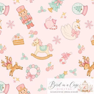 Puede incluir: Un patrón digital sin costuras sobre un fondo rosa claro con ilustraciones de cascanueces, cisnes con lazos, caballitos de madera, renos con lazos, bolas de nieve, pasteles, bastones de caramelo, coronas, acebo y copos de nieve.