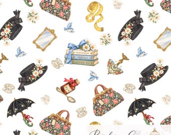 May include: A seamless pattern featuring watercolor illustrations of black umbrellas with parrot handles, floral handbags, black hats with daisies, blue birds, gold mirrors, measuring tapes, tea cups, sugar cubes, and books labeled Practically Perfect In Every Way.
