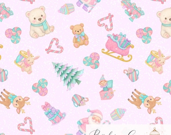 May include: A seamless digital pattern on a light pink background featuring Christmas-themed illustrations including Santa Claus, teddy bears, reindeer, rabbits, candy canes, peppermint swirls, gift-wrapped presents, and a decorated pine tree.