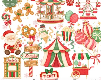 May include: A digital collection of 24 Christmas carnival illustrations featuring a carousel with reindeer, a Ferris wheel, a Santa Claus holding a ticket, a ticket booth, a circus tent, food carts, gingerbread people, and ornaments with red and green colors.