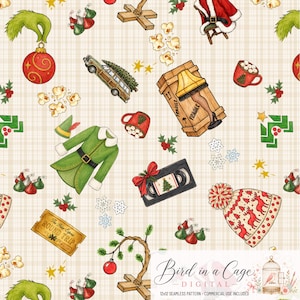 May include: A seamless pattern featuring various Christmas-themed illustrations on a beige plaid background. Icons include a green hand holding a red ornament, a station wagon with a tree, a leg lamp in a crate, a green elf coat, a VHS tape, a beanie, and a train ticket.
