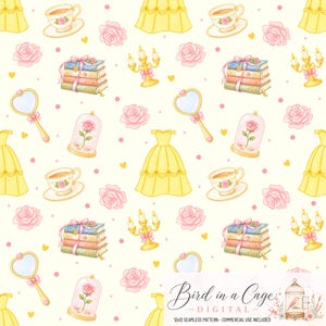 May include: A seamless pattern featuring yellow ball gowns, stacks of books tied with pink ribbons, pink roses, gold candelabras, teacups on saucers, heart-shaped hand mirrors, and single roses inside glass domes on a cream background with hearts.