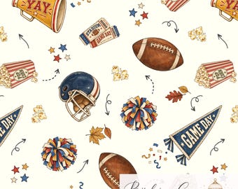 May include: A seamless pattern featuring illustrations of brown footballs, yellow megaphones with the text YAY, red and white striped popcorn containers, blue and white game day pennants, blue helmets, colorful pom-poms, tickets, and autumn leaves.