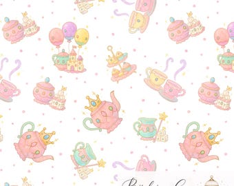 May include: A seamless digital pattern on a white background featuring pastel-colored illustrations of teapots wearing crowns, teacups with steam, tiered dessert stands, balloons, and magic wands. Text at the bottom reads Bird in a Cage DIGITAL.