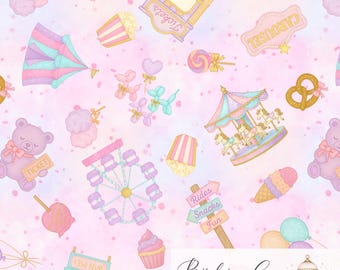 May include: A seamless digital pattern featuring carnival-themed illustrations on a light pink background. Elements include a carousel, ferris wheel, ticket booth, popcorn, cotton candy, cupcakes, pretzels, balloons, and teddy bears with tickets.