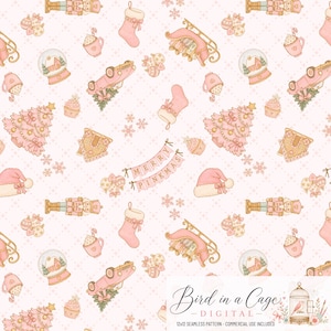 Può includere: Un motivo digitale continuo con elementi natalizi rosa su sfondo rosa chiaro. Il design include schiaccianoci, palle di neve, calze, slitte, alberi decorati, tazze di cacao e uno striscione con il testo MERRY PINKMAS.