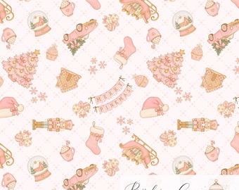 May include: A seamless digital pattern featuring pink Christmas motifs on a light pink background. Elements include nutcrackers, snow globes, stockings, sleighs, decorated trees, cocoa mugs, and a banner with the text MERRY PINKMAS.