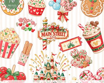 May include: A collection of 16 digital illustrations featuring Christmas-themed treats and icons, including a Main Street U.S.A. sign, a castle, popcorn, churros, candy, balloons, and sweets decorated with mouse-ear silhouettes.