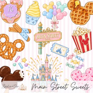 Può includere: Una collezione di 16 illustrazioni digitali con snack e icone da parco a tema, tra cui una ciambella a forma di Mickey, gelato, palloncini, waffle, churros, un cartello Main Street U.S.A., popcorn, un biglietto, caramelle, un castello e zucchero filato.