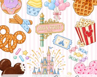 May include: A collection of 16 digital illustrations featuring theme park snacks and icons, including a Mickey-shaped donut, soft serve, balloons, waffles, churros, a Main Street U.S.A. sign, popcorn, a ticket, candy, a castle, and cotton candy.