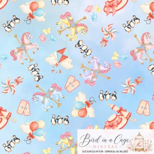 May include: A seamless digital pattern on a light blue background featuring carousel horses, penguins, balloons, kites, pinwheels, tickets, and sun hats. The bottom right corner includes the text Bird in a Cage - DIGITAL 12x12 SEAMLESS PATTERN.