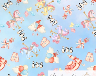 May include: A seamless digital pattern on a light blue background featuring carousel horses, penguins, balloons, kites, pinwheels, tickets, and sun hats. The bottom right corner includes the text Bird in a Cage - DIGITAL 12x12 SEAMLESS PATTERN.