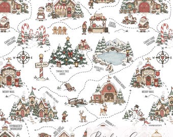 May include: A seamless pattern featuring a festive North Pole map with illustrations of Toymaker's Workshop, Mrs. Claus Cookie Cottage, Ribbon & Bow, Cocoa Corner, Candy Cane Crossing, Twinkle Tree Grove, Silver Bell Lake, Merry Mail, and Reindeer Ridge.