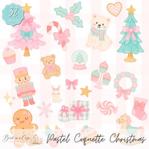 Ensemble de cliparts de Noël pastel, graphismes de Noël rose Coquette, Casse-Noisette en pain d'épice PNG (téléchargement numérique)