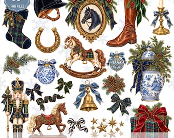 May include: A digital collection of 22 Christmas-themed equestrian illustrations including a black riding helmet, a plaid stocking, a gold horseshoe, a horse portrait in a frame, a brown leather boot, a rocking horse, a nutcracker, and a gift box.