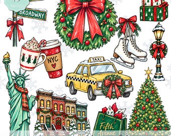 May include: A collection of New York City Christmas themed illustrations including a wreath, a taxi with a wreath, a Statue of Liberty, a Christmas tree, ice skates, a coffee cup with NYC text, a shopping bag labeled Fifth Avenue, and street signs.