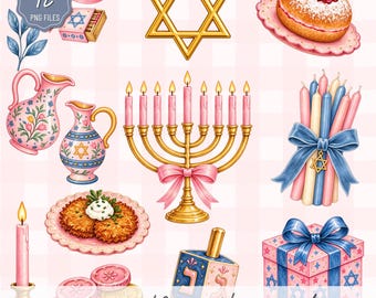 May include: A digital illustration set featuring Hanukkah elements including a gold Star of David, a menorah with pink candles, a jelly donut, a blue gift box, a dreidel, latkes, pink candles, and floral pitchers on a light pink checkered background.