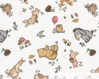 May include: A seamless digital pattern on a white background featuring hand-drawn illustrations of a bear, piglet, donkey, rabbit, tiger, kangaroo, and owl. The design includes honey pots, red balloons, mushrooms, acorns, and pinecones.