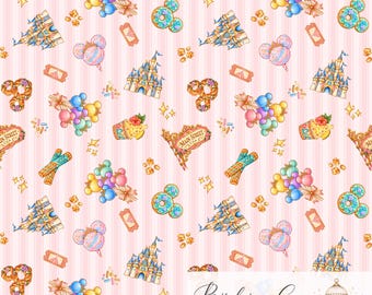 Princess Park Treats Seamless Pattern, Pastel Fairytale Castle Digital Paper, Magical Princess Snacks Pink Stripe Fabric