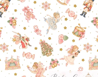 May include: A seamless pattern featuring illustrations of nutcrackers, ballerinas, a mouse king, rocking horses, Christmas trees, candy, ballet slippers, and gold stars on a white background. Text reads Bird in a Cage DIGITAL.