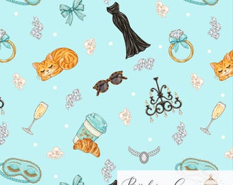 May include: A seamless pattern on a light blue background featuring illustrations of sleeping orange tabby cats, black dresses, turquoise sleep masks, diamond rings, champagne flutes, croissants, coffee cups, chandeliers, bows, and pearls.