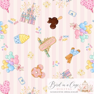 May include: A seamless pattern on a light pink striped background featuring illustrations of a pink castle, chocolate-covered mouse-shaped ice cream, Main Street U.S.A. sign, mouse-shaped balloons, churros, donuts, popcorn, and tickets.