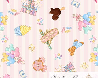 May include: A seamless pattern on a light pink striped background featuring illustrations of a pink castle, chocolate-covered mouse-shaped ice cream, Main Street U.S.A. sign, mouse-shaped balloons, churros, donuts, popcorn, and tickets.