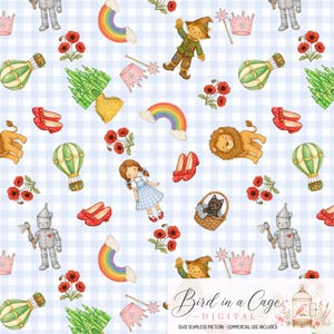 May include: A seamless pattern on a light blue gingham background featuring illustrations of a girl in a blue dress, a scarecrow, a lion, a tin person, red shoes, hot air balloons, rainbows, red poppies, pink crowns, and a dog in a basket.