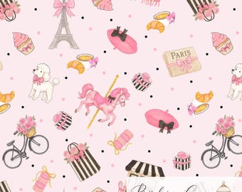 May include: A seamless pattern on a light pink background featuring illustrations of the Eiffel Tower, pink carousel horses, poodles, bicycles with flower baskets, croissants, macarons, berets, and shopping bags with black and white stripes.