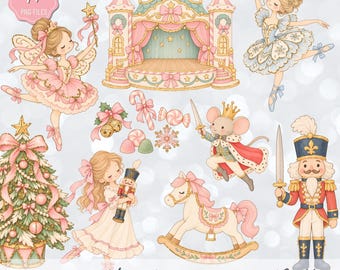 May include: A digital collection of 19 PNG files featuring Nutcracker Ballet illustrations including a stage, a fairy, a ballerina, a mouse king, a nutcracker soldier, a rocking horse, a Christmas tree, candy, and bells with the text The Nutcracker Ballet.