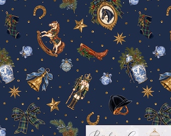 May include: A seamless pattern on a dark blue background featuring equestrian and holiday motifs including rocking horses, nutcrackers, horseshoes, riding boots, plaid bows, gold stars, pine branches, and blue and white porcelain ornaments.