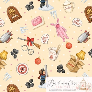 May include: A seamless pattern on a light yellow background featuring illustrations of a pink bunny suit, a wooden crate labeled FRAGILE with a leg lamp, a rifle with a red bow, round glasses, a radio, soap, coal, icicles, and an Ovaltine mug.