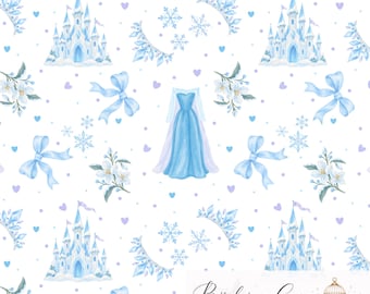 May include: A seamless digital pattern featuring watercolor illustrations of light blue castles, long gowns, ribbons, snowflakes, floral sprigs, and small purple hearts on a white background. The text Bird in a Cage Digital is visible.