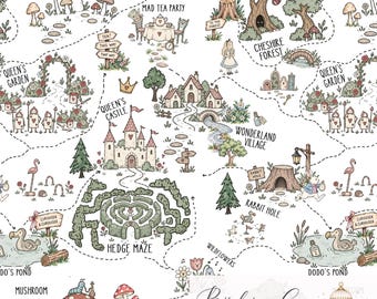 May include: A seamless pattern illustration featuring a map of Wonderland with labeled locations including Mushroom Grove, Mad Tea Party, Cheshire Forest, Queen's Garden, Queen's Castle, Wonderland Village, Hedge Maze, Rabbit Hole, and Dodo's Pond.