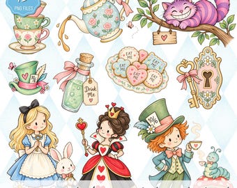 May include: A digital collection of 13 illustrations featuring a teapot, a smiling purple striped cat, a stack of teacups, a top hat, a bottle labeled Drink Me, heart-shaped cookies labeled Eat Me, a keyhole, a girl, a rabbit, a queen, and a hatter.