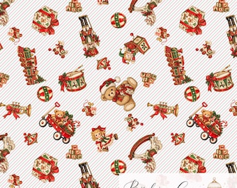May include: A seamless digital pattern featuring vintage-style Christmas toys including nutcrackers, teddy bears, rocking horses, drums, trains, spinning tops, gift boxes, and alphabet blocks on a white background with thin diagonal red stripes.