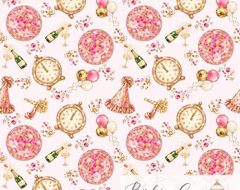 May include: A seamless pattern featuring watercolor illustrations of pink disco balls, gold clocks, champagne bottles with glasses, party hats, and balloons on a light pink background. The text reads Bird in a Cage DIGITAL.