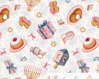May include: A seamless pattern featuring Hanukkah-themed illustrations including a gold menorah with pink candles, blue and pink gift boxes, gold coins, latkes on plates, jelly donuts, dreidels, and Star of David symbols on a light blue floral background.