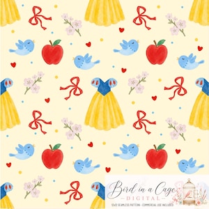 May include: A seamless pattern on a pale yellow background featuring watercolor illustrations of blue birds, red apples, yellow dresses with blue bodices, red ribbons, pink flower sprigs, and small red hearts and blue and yellow dots.