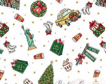 May include: A seamless pattern featuring New York City Christmas illustrations including a yellow taxi with a wreath, the Statue of Liberty, Fifth Avenue shopping bags, ice skates, coffee cups labeled NYC, street signs, and a Rockefeller Center tree.