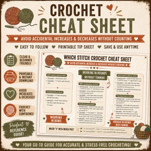 Op de afbeelding: Een beige informatieblad getiteld Crochet Cheat Sheet met donkergroene en oranje tekst. Het bevat instructies voor het werken in rijen en rondes, inclusief het tellen van steken, met illustraties van garenbollen en een haaknaald.