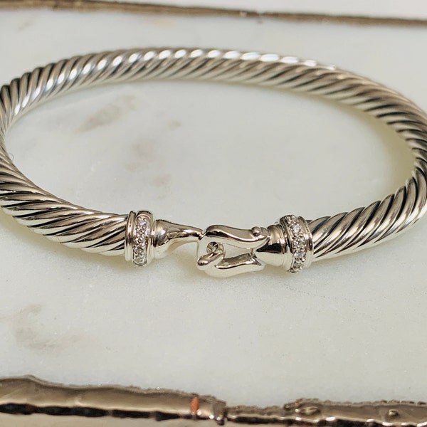 David Yurman Sterling Silver Cable Buckle Bracelet with Diamonds 5mm Size Medium  / Authentic / Pouch / FREE SHIPPING